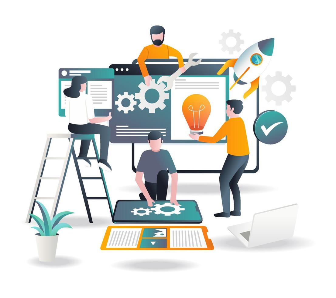 the-team-is-designing-the-app-and-launching-it-on-a-rocket-free-vector